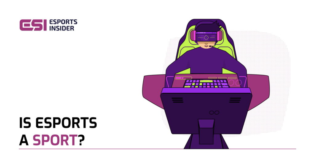 An animated gamer in a headset plays at a colorful gaming station, questioning if esports qualifies as a sport.