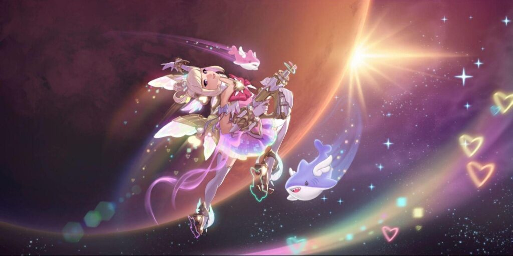 A whimsical character with butterfly wings plays joyfully in space, surrounded by colorful hearts, stars, and a cute flying creature.
