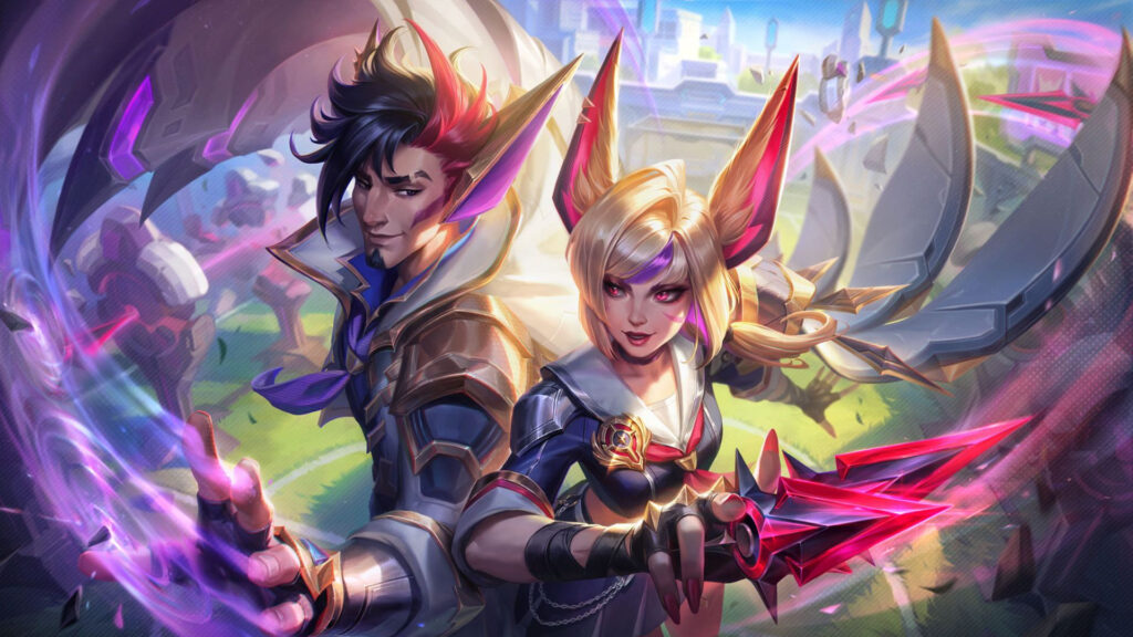 A dynamic fantasy scene featuring two characters with colorful hair, wielding magical powers and striking heroic poses against a vibrant backdrop.