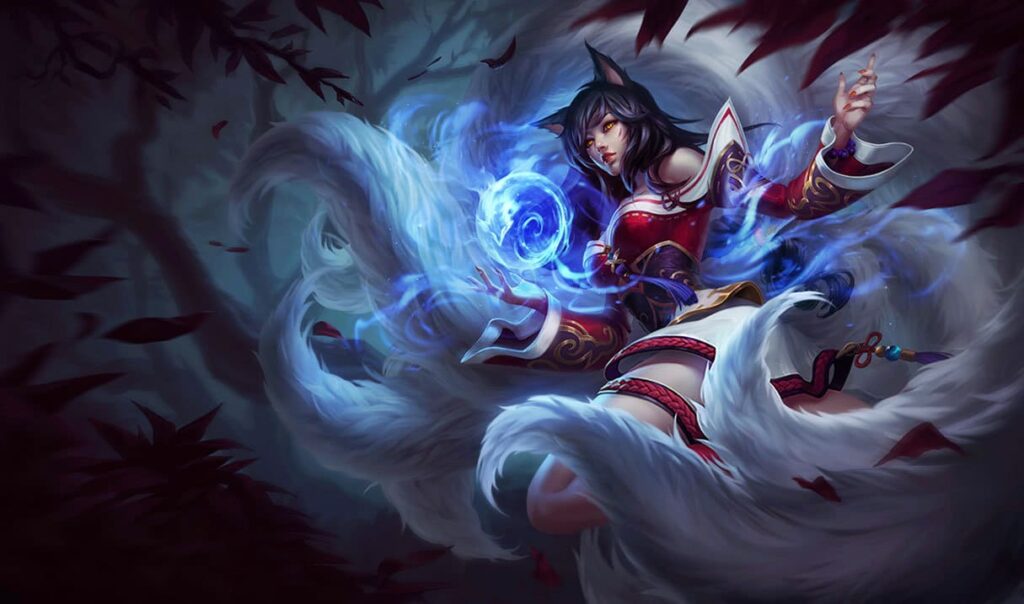 A LoL character in a red and white outfit conjures swirling blue magical energy amidst dark forest foliage. White tails billow around.
