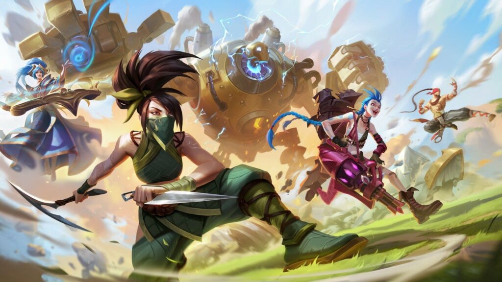 Vibrant fantasy scene with LoL characters wielding weapons, an oversized mechanical figure in the background, and a dynamic environment.