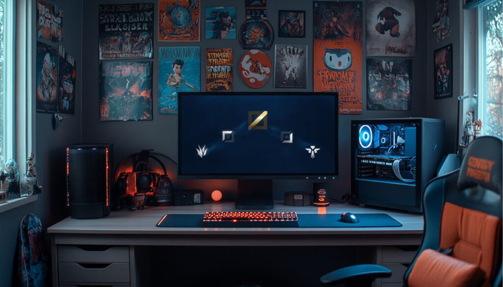 A gaming setup featuring a large monitor displaying League of Legends role icons for Top, Jungle, Mid, ADC, and Support, near computer tower, vibrant posters on the walls, and RGB lighting.