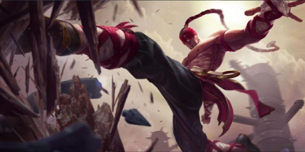 A powerful warrior Lee Sin in dynamic motion, striking through debris with intense energy, showcasing muscles and vibrant attire amidst a dramatic backdrop.