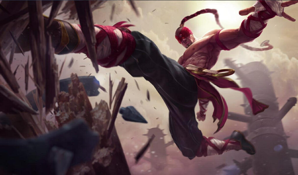 A fighter Lee Sin leaps dramatically through debris, showcasing agility and strength.