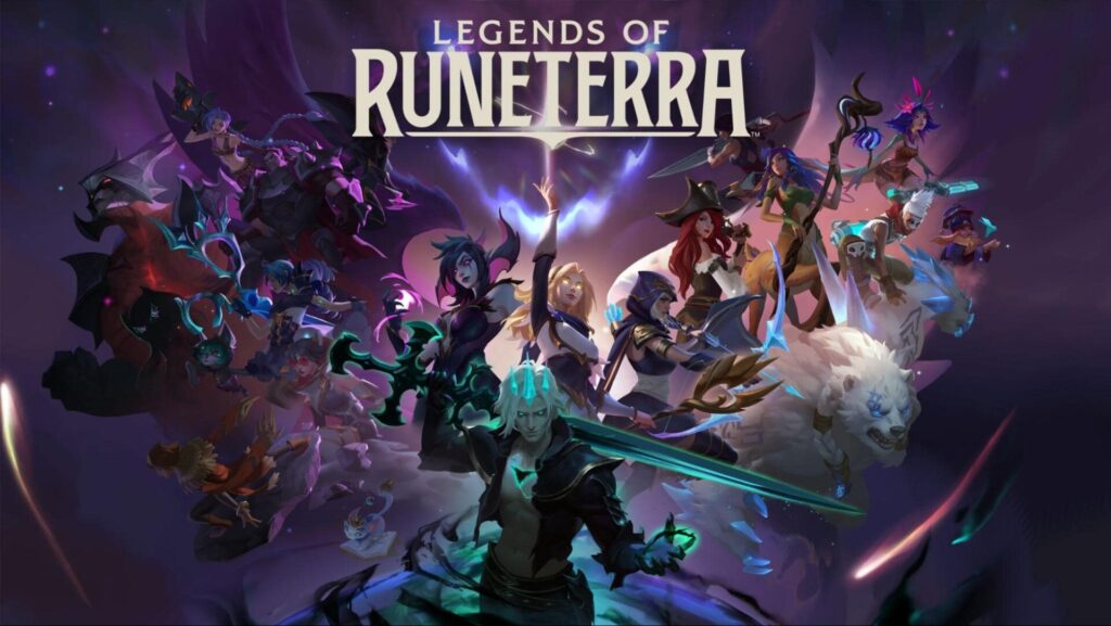 A colorful ensemble of characters from "Legends of Runeterra," set against a mystical backdrop with dramatic lighting and effects.