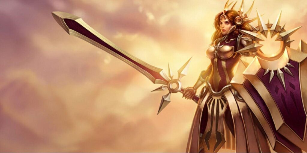 Leona wields a large sword and shield, standing against a mystical background.
