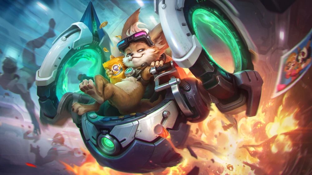 Chip from Mobile Legends relaxing in a futuristic mech amid explosions.