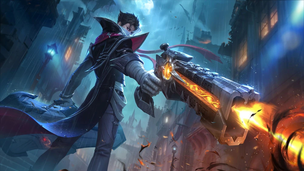Granger - a mysterious figure in a dark coat aims a futuristic gun, flames erupting from its barrel, set against a moody, urban backdrop.