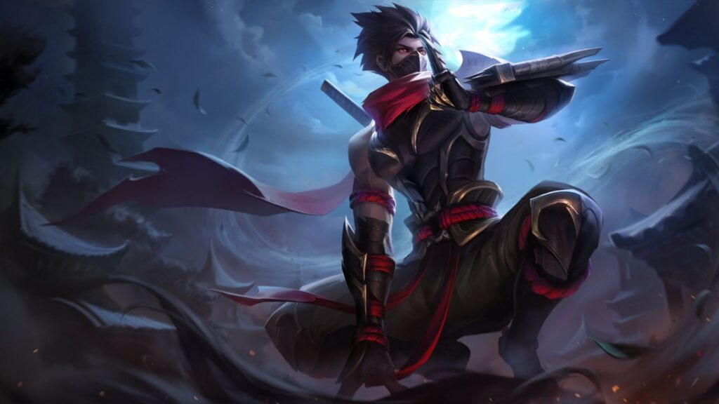 Hayabusa - a stealthy ninja character crouches in a dramatic pose, adorned in dark armor and a flowing red scarf, against a mystical backdrop.