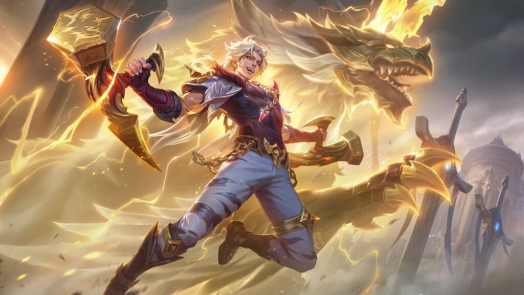 Lukas - a heroic character wields a glowing weapon, surrounded by dynamic energy and a golden dragon in a mythical landscape.
