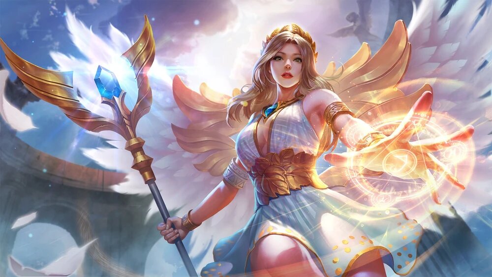 Rafaela - A celestial figure in a flowing dress with golden wings, wielding a staff and casting magical energy. Surrounded by a bright, ethereal backdrop.