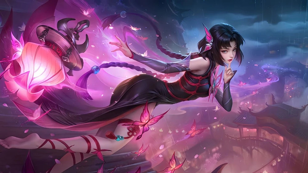 Zhuxin - a mystical figure in a flowing dark dress performs magic, surrounded by glowing butterflies and a vibrant lantern against a dreamy backdrop.