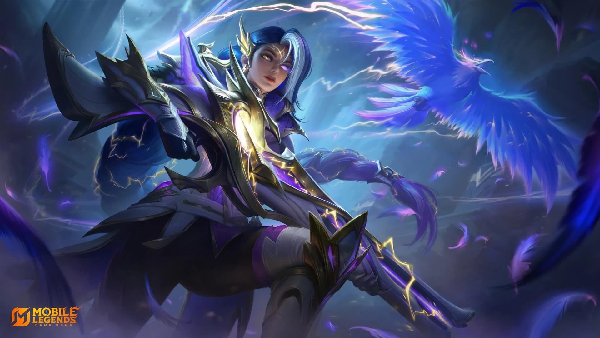 A fantasy MLBB character in dark, metallic armor with glowing accents and blue hair stands confidently with a mystical blue bird