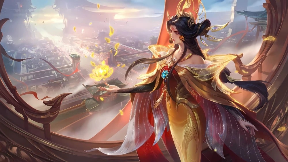Zeitan in ornate golden armor summons fiery magic, overlooking a sprawling cityscape