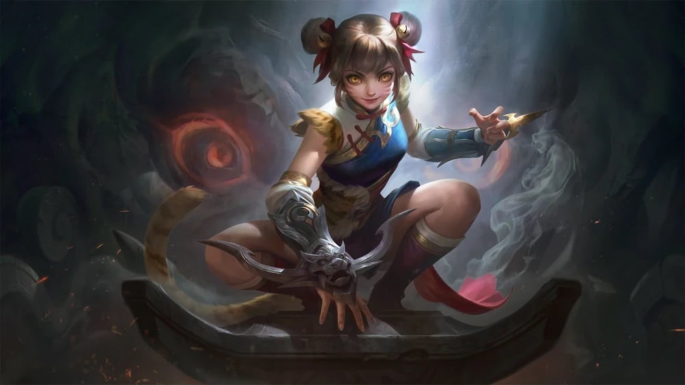 Wanwan in a dynamic pose, wearing armor with metal and fabric details