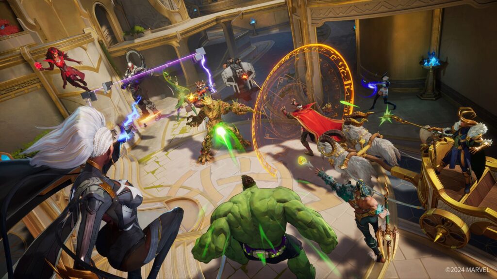 A dynamic battle scene featuring Marvel heroes like Hulk, Groot, and others using powers amidst a vibrant arena setting.
