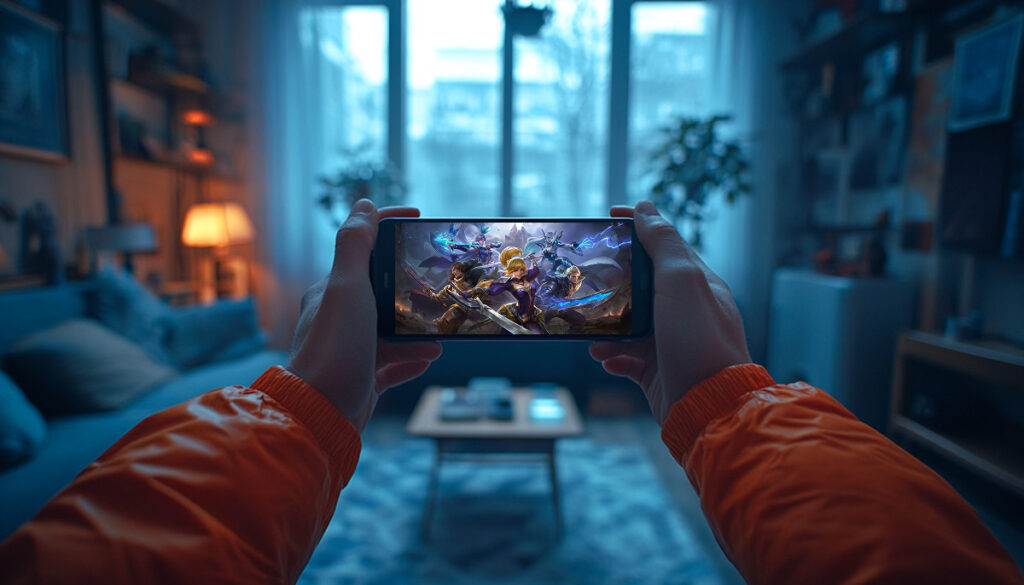 Person holding a smartphone horizontally while playing Mobile Legends, set in a cozy, softly lit room.