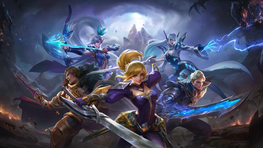 Group of Mobile Legends heroes in dynamic battle poses, each wielding weapons or elemental powers, with a stormy background.