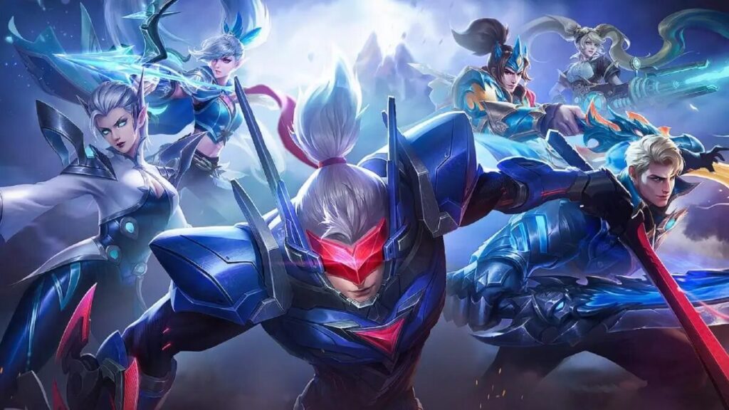 Official Mobile Legends key art featuring heroes like Saber, Miya, Layla, Eudora, and other heroes from this tier list