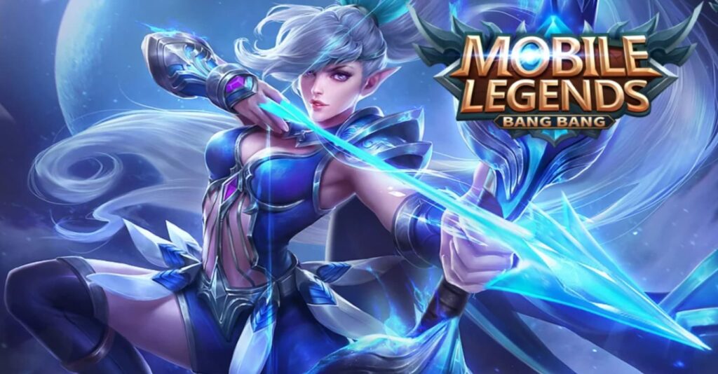 A fantasy character in a blue armored outfit aims a shimmering bow, set against a cosmic background with the Mobile Legends logo.
