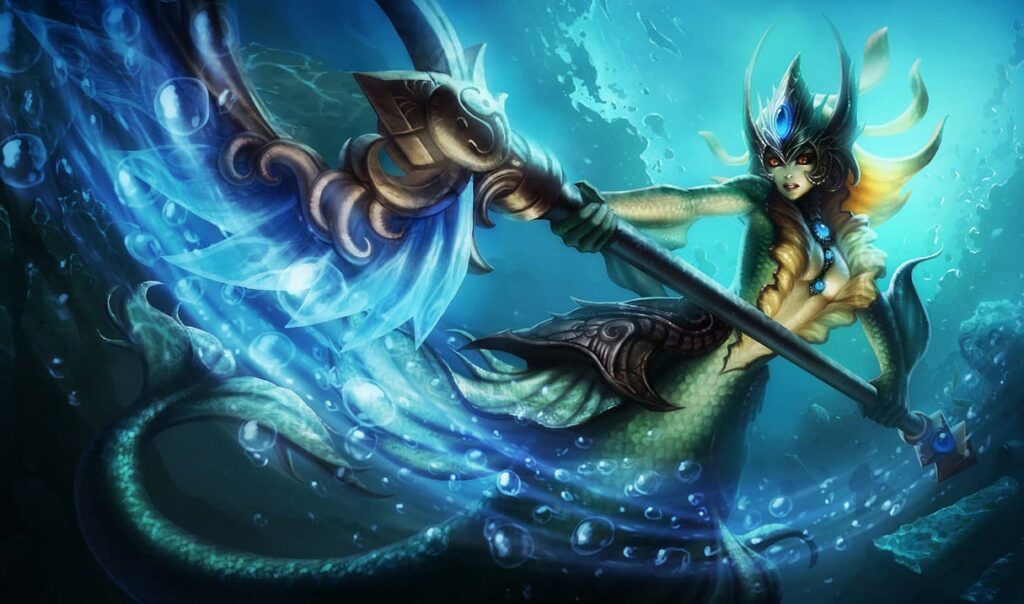 An underwater scene features a Nami wielding a trident, surrounded by bubbles and swirling ocean currents.