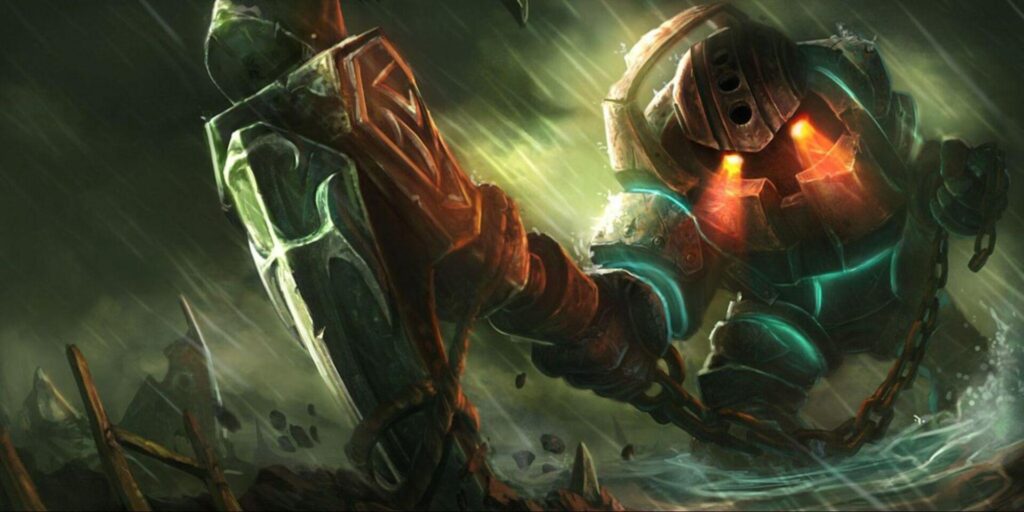 A large, armored hero called Nautilus stands amidst a stormy, dark setting, exuding a menacing presence.