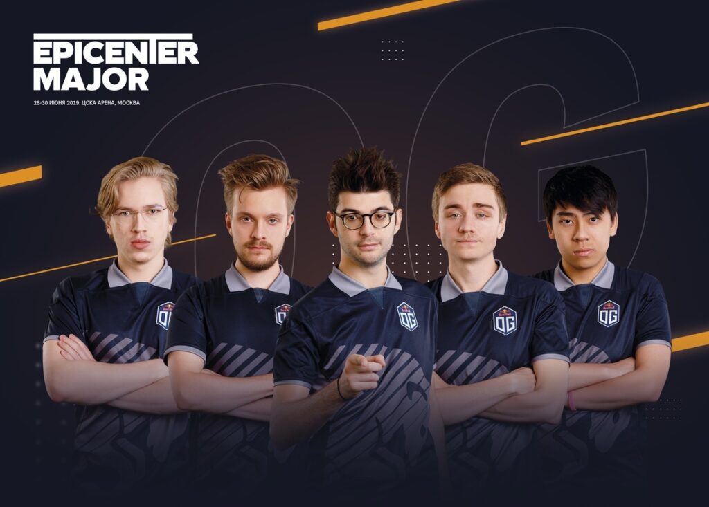 Five esports players in matching OG jerseys pose confidently, arms crossed, against a dynamic dark background with text: Epicenter Major.
