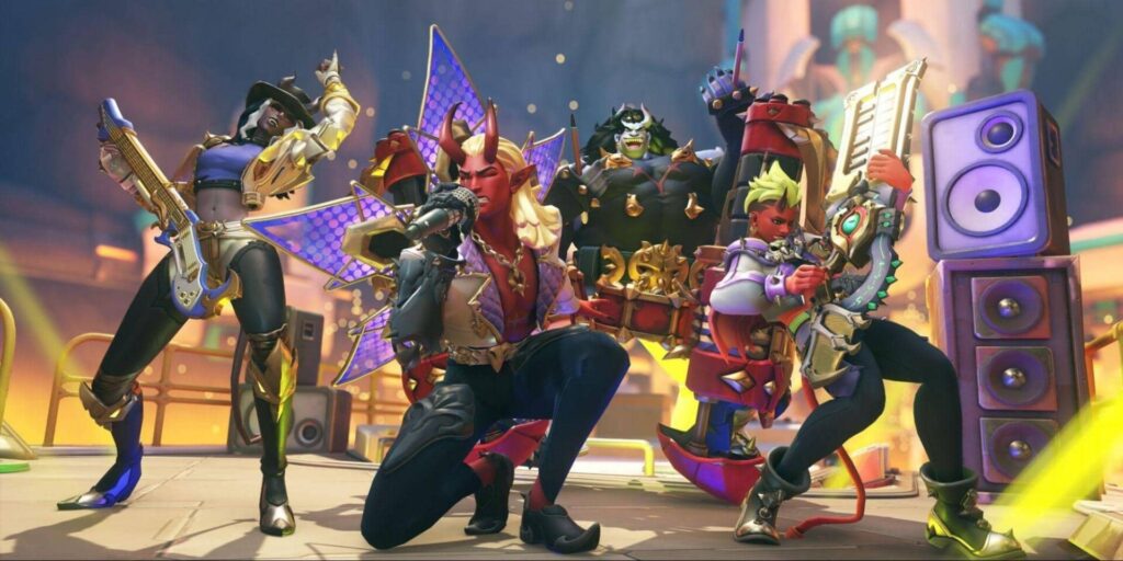 A vibrant band of colorful characters poses dynamically with instruments, surrounded by speakers and neon lights in a lively setting.