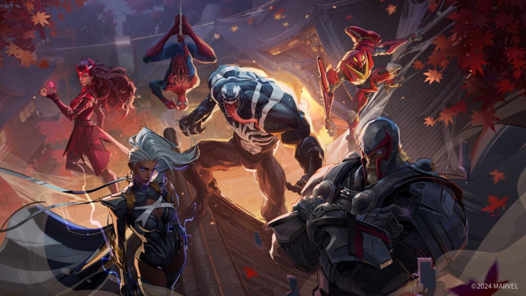 A dynamic Marvel superhero scene featuring iconic characters like Spider-Man and Venom amidst vibrant autumn leaves and a traditional backdrop.