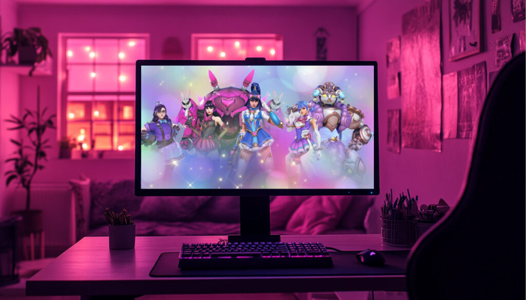 A modern computer setup displaying Overwatch, in a cozy pink-lit room decorated with plants and stylish decor.
