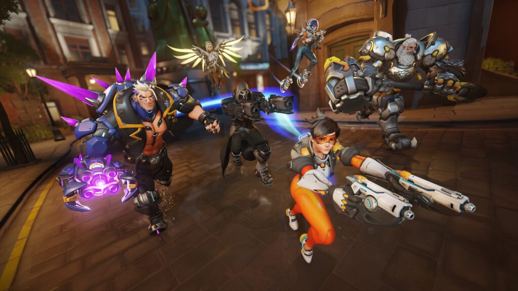 Dynamic characters from Overwatch, showcasing vibrant armor and weapons, stand in a dramatic pose on a city street.