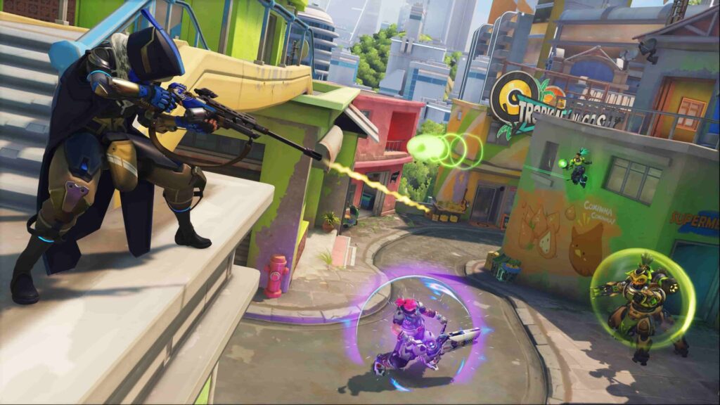 A sniper in a dark outfit aims from a rooftop, while colorful energy projectiles fly towards two characters battling below.