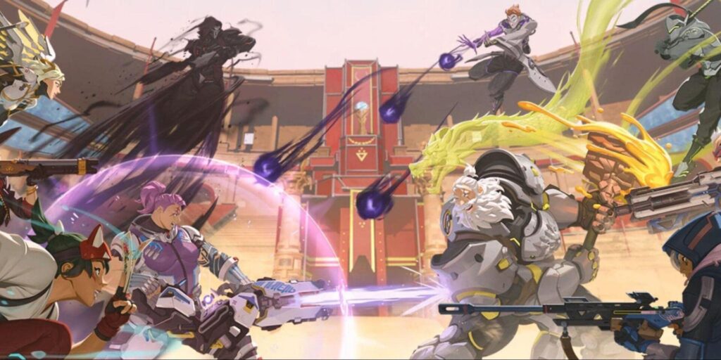 A dynamic battle scene featuring diverse characters from a Overwatch, clashing with weapons and abilities in a vibrant arena setting.