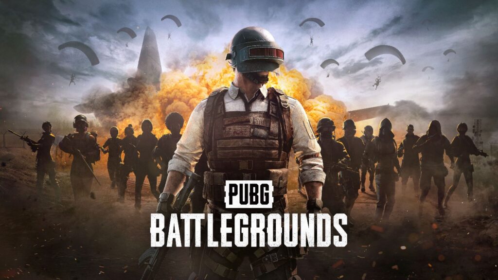 A group of armed soldiers stands in a dramatic battlefield scene with explosions and parachutes in the background. PUBG Battlegrounds logo displayed.