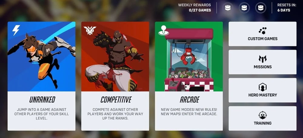 An Overwatch 2 interface displaying options for "Unranked," "Competitive," and "Arcade" modes, with weekly rewards and game reset timers.