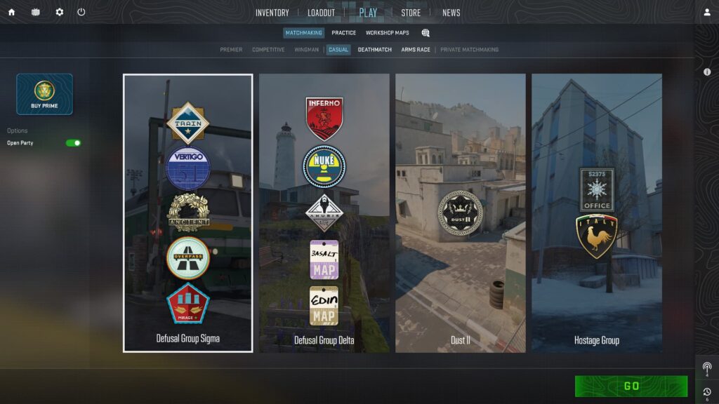 Screenshot of a CS2 interface showing where you can purchase Prime