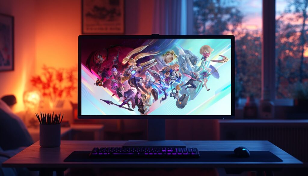 A gaming monitor displays a vibrant lineup of colorful characters from Mobile Legends, illuminated by soft, warm lighting.