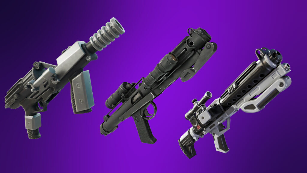 Three futuristic SMGs from Fortnite showcased on a purple background