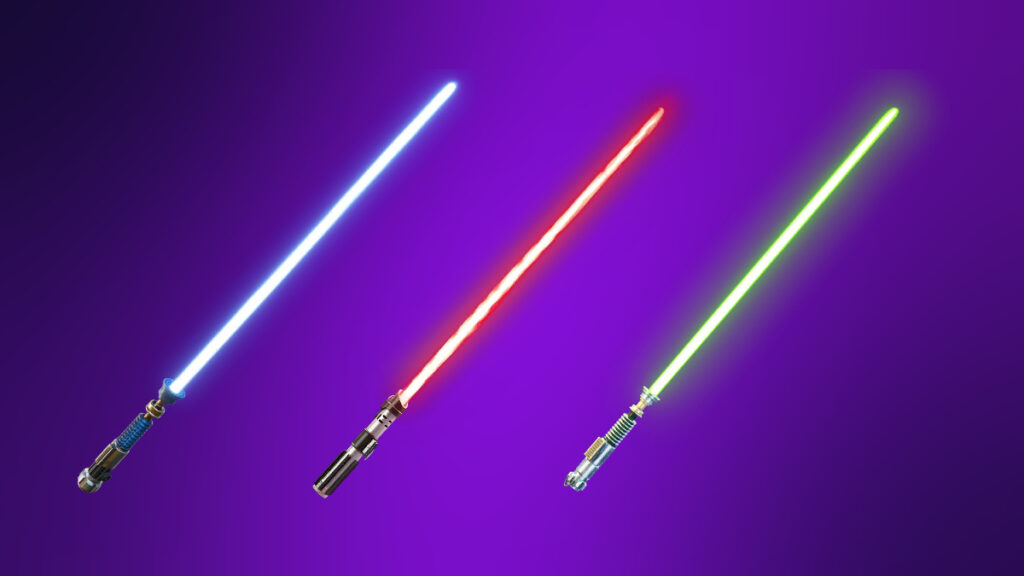 Three glowing lightsabers from Fortnite displayed on a purple background