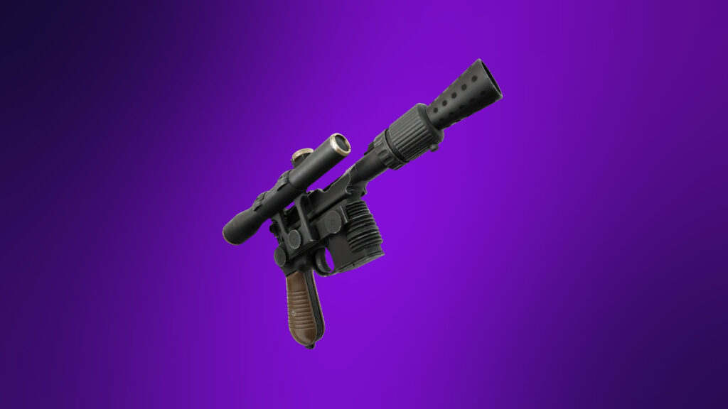 Futuristic silenced pistol from Fortnite displayed on a purple background