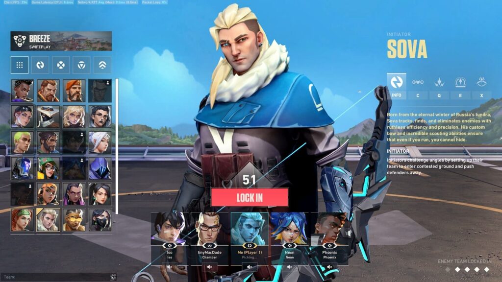 A character select screen for a VALORANT game featuring Sova, an initiator, with various hero options displayed below.