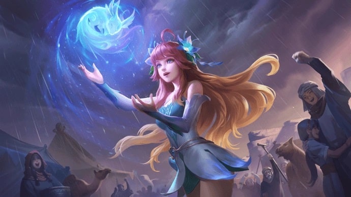 Floryn with flowing hair casting a spell, creating a glowing blue figure