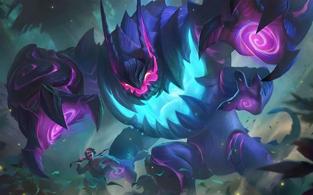 Gloo with glowing pink eyes and vibrant blue accents looms over a terrified human in a dark, mystical forest