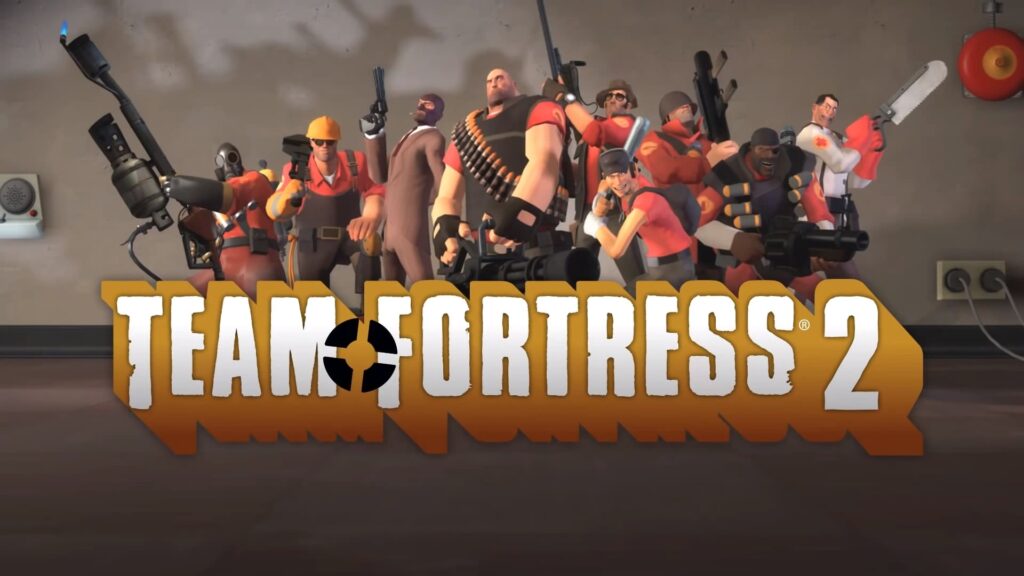 A group of characters from Team Fortress 2, each wielding unique weapons, stands against a plain wall with the game logo displayed prominently.