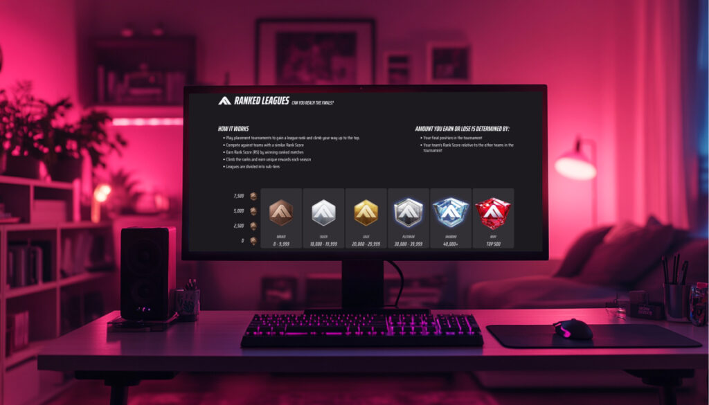 A gaming setup with a monitor displaying ranked league instructions, illuminated by pink lighting, alongside a keyboard and speaker.