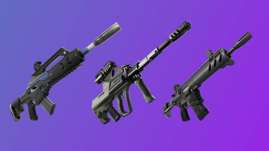 Three futuristic rifles with variations in design and color against a gradient purple background.