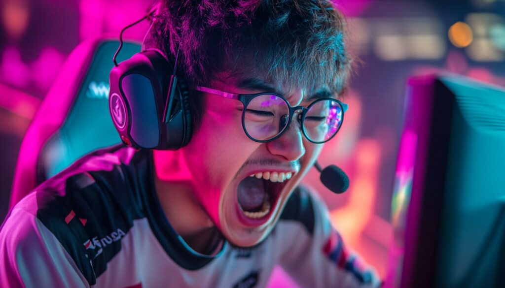 A gamer wearing headphones and glasses, intensely focused on a computer screen, with vibrant purple and pink lighting in the background.
