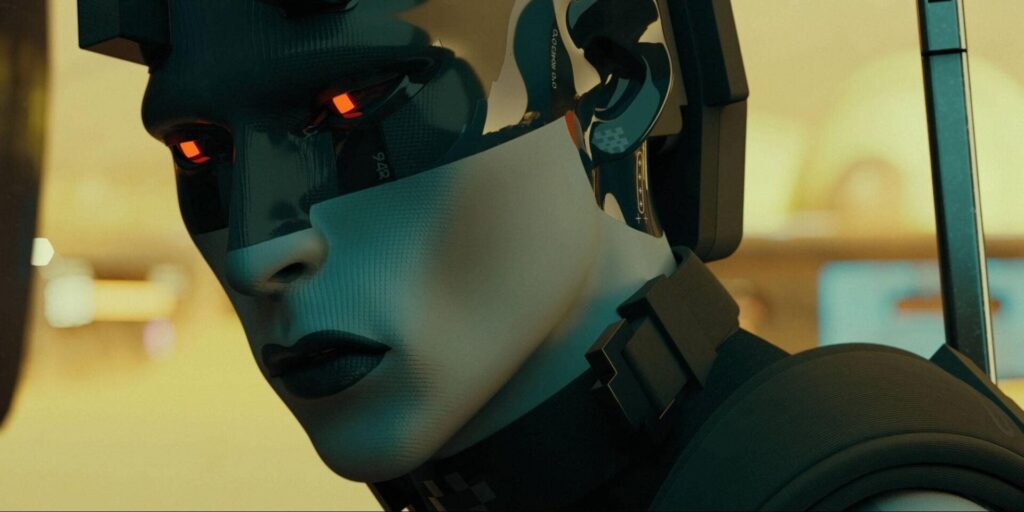 A futuristic character with a high-tech headset and intricate gear, set against a blurred background.
