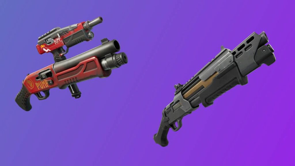 Two stylish guns against a gradient purple background: a red pump shotgun and a sleek black and silver rifle.