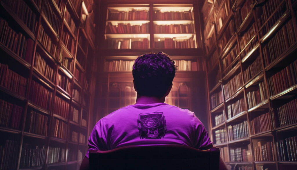 Man in a game logo shirt sits in a dimly lit library.